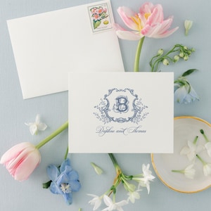 Ornate Monogram Crest Wedding Personal Stationery | Folded Thank You Stationary | Vintage Art Envelope Liners, 4bar or A2 | Daphne
