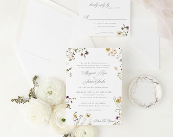 Elegant Wildflower Watercolor Floral Wedding Invitation Suite | Printed Invite Set with Yellow, Purple and Pink Painted Flowers | Maggie