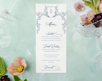 Dusty Blue Classic, Elegant Wedding Invitation Menu with Monogram Crest |  Formal Printed Menu | Evangeline