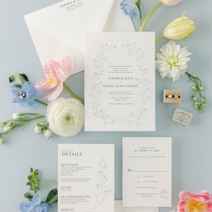 Classic Wedding Invitation Suite with Fine Art Spring Flowers | Printed  Formal Invite with Elegant Floral Botanical Wreath | Andrea