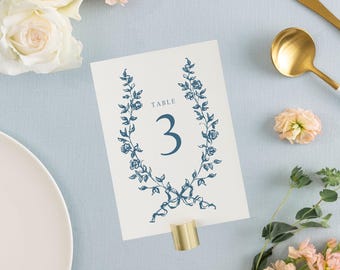 ELENA | Floral Wedding Table Numbers, Blue Wildflower Wreath Table Number, Printed Wedding Decor, Elegant Wedding Table Decor, Custom Colors