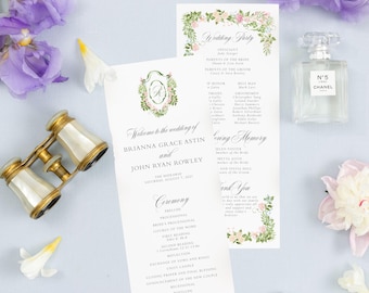 BRIANNA | Floral Monogram Wedding Program Printed, Classic Garden Ceremony Program Card