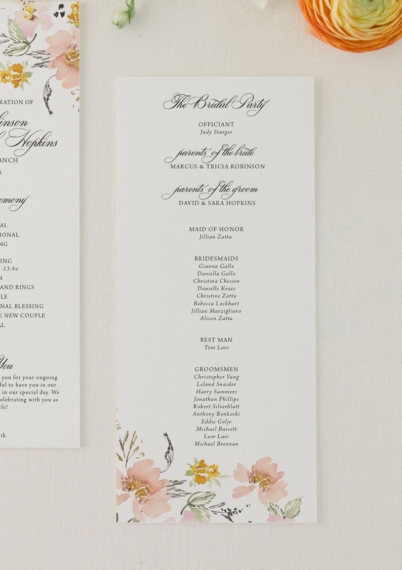 Summer Garden Peach and Yellow Floral Wedding Program | Spring Printed ...