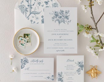 Vintage Floral Printed Wedding Invitation Suite | Elegant and Traditional Blue Botanical Wedding Invite Set | Jane