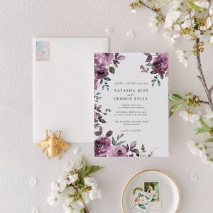 Classic Purple & Mauve Floral Wedding Invitation with Spring Roses Fall Invitation Suite with Flowers Elegant Printed Invite Natasha image 3