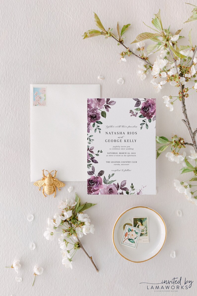 Classic Purple & Mauve Floral Wedding Invitation with Spring Roses Fall Invitation Suite with Flowers Elegant Printed Invite Natasha image 3