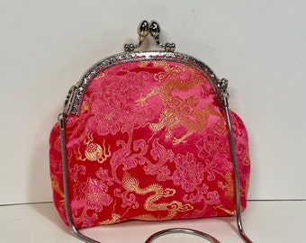 Pink Coin Purse with Silver sew in Frame in Gold Dragons