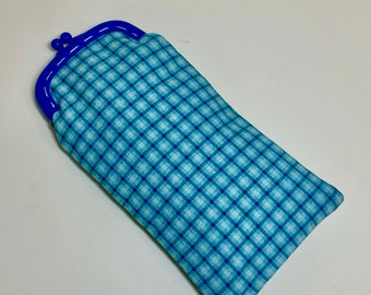 Blue Eyeglass Case with Blue Checkered Fabric and Plastic Sew in Frame