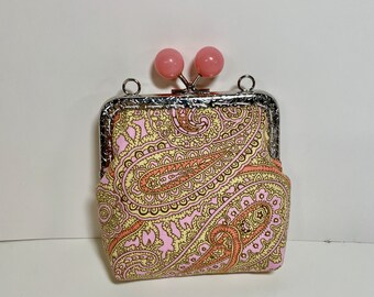 SALE Kisslock Coin Purse Pink Ball Pink and Orange Paisley