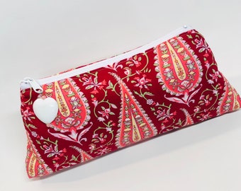 SALE Makeup Bag in Red Paisley with Heart bead and YKK zipper