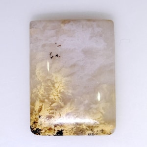 May include: A rectangular, polished stone with a natural, abstract pattern. The stone features a blend of creamy white, tan, and brown hues, with darker, tree-like inclusions near the bottom. The overall effect is reminiscent of a landscape.