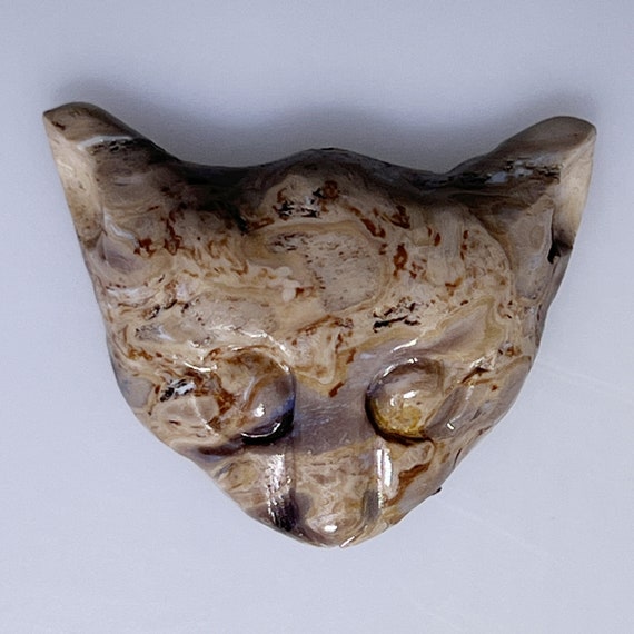 Carved Palm Root Agate cat head BEAD, partial drill hole, unique     005-015-001
