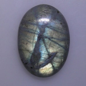 Lighter gray base Labradorite oval cabochon, very good multi color flash, 66.01 cts.   051-10-088