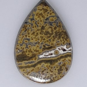 May include: A teardrop-shaped cabochon of brown, yellow, and white jasper with a swirling, mottled pattern.