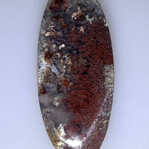 Long oval shape Moss Agate cabochon, lots of brick red plumes, 53.93 carats           003-10-013