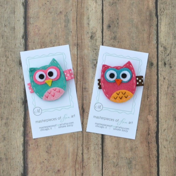 Set of 2 Mini Felt Owl Hair Clips - Cute Everyday Owl Felt Clippies - Turquoise, Pink, Chocolate Brown