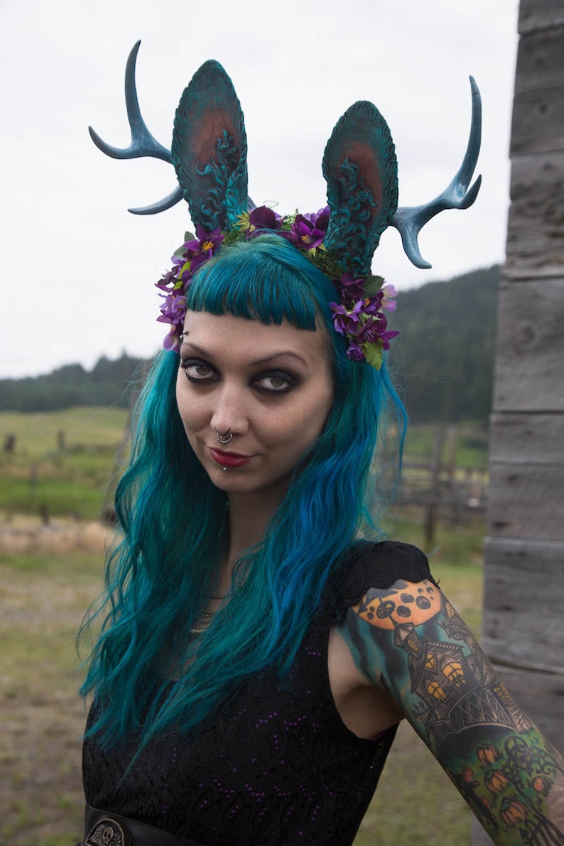 Jackalope Medium Antler Moss and Flower Headband Etsy