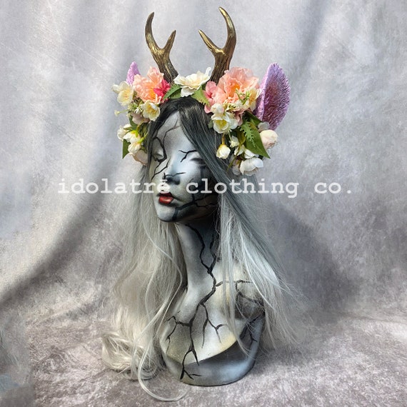 Cerchio Per Capelli Con Corna Di Cervo E Fiori – Copricapo Fatato Per Cosplay E Festa – Colore Caffè Chiaro