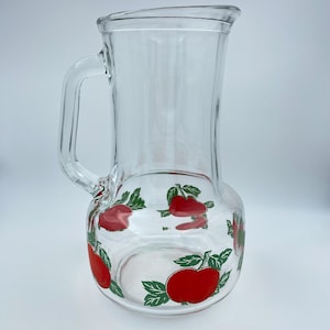 Crystal clear retro juice jug/glass carafe with apple motif, large glass jug, vintage glass jug