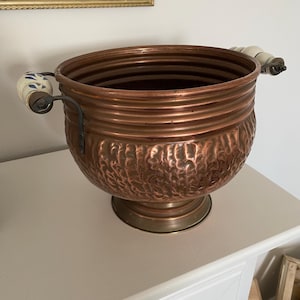 Decorative copper flowerpot planter flower tub plant pot with ceramic handles