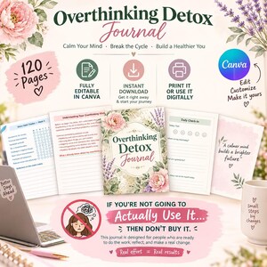 May include: A digital Overthinking Detox Journal with 120 pages, featuring floral illustrations, habit trackers, and daily check-in sheets. The design includes text prompts, editable Canva integration, and motivational phrases like A calmer mind builds a brighter future.