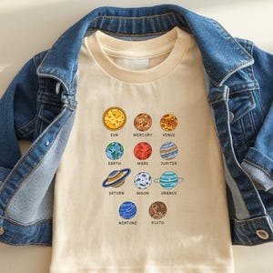 太陽系ベビーボディスーツ＆幼児用Tシャツと長袖Tシャツ - 楽しい太陽系デザイン、かわいい抽象的な惑星の名前のTシャツ