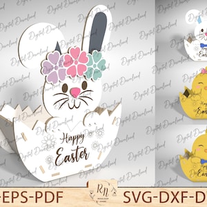 Scatola di coniglietti di Pasqua felice SVG, file di taglio laser di conigli, ornamenti pasquali, file di taglio laser di anatre