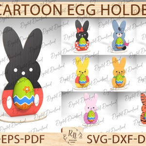 Simpatico porta-uovo Kinder inciso, file di taglio porta-uovo dei cartoni animati in formato SVG, bundle porta-uovo Glowforge in formato SVG