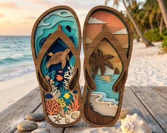 Flip Flop Beach Scene SVG, Coastal Summer Standing Decor, Tropical Ocean Tabletop Decor, Glowforge xTool Laser Cut File