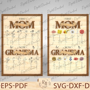 Personalisierter Blumen-Geburtsmonatzeichen, individuelles Muttergeschenk, Muttertagsgeschenk für Mama oder Oma, erste Mutter jetzt Oma, Blumennamenrahmen aus Holz