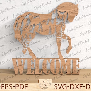 Pferd stehend 3D svg, Pferd Türschild SVG, lasergeschnittenes Holzpferd, Willkommensschild svg, Bison Türschild, Waldszene Laser svg, Glowforge