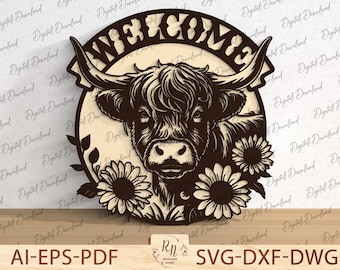Accroche-porte bienvenue vache Highland au laser, signe de vache Highland fleurs sauvages, accroche-porte ferme SVG, décoration de porte d'entrée, fichier Glowforge