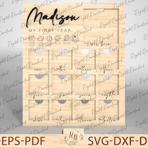 Molduras para fotos do meu primeiro ano, arquivo svg recortado, gráfico de recém-nascido, moldura para estatísticas de recém-nascido, moldura para pendurar na parede, moldura personalizada para fotos de bebê cortada a laser