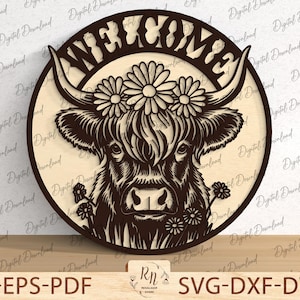 Farm Door Hanger Cutfile SVG, Highland Cow Welcome Door Hanger Laser Cutfiles,Wildflower Highland Cow Sign,  Front Door Decor,Glowforge File