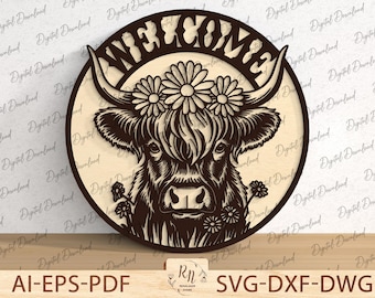 Autocollant de porte de ferme SVG, accroche-porte bienvenue vache Highland au laser, signe de vache Highland fleurs sauvages, décoration de porte d'entrée, fichier Glowforge
