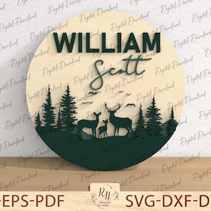 Montagnes Nature cerf pépinière rond signe, nom de bébé signe SVG, signe de faire-part de naissance des bois, faire-part signe, signe de naissance de bébé Svg