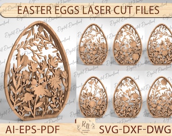 May include: Set of eight laser cut Easter egg designs featuring intricate floral patterns. The eggs are made of wood and have a natural brown color. The designs are perfect for crafting and decorating.