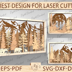 May include: Three digital designs for laser cutting featuring a forest scene with mountains, trees, and animals. The designs are in a frame and are labelled "AI-EPS-PDF" and "SVG-DXF-DWG".