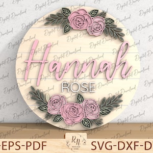 Aangepaste houten babynaambord, Rose teken lasergesneden bestand, gelaagde bloem lasergesneden bestand svg, Glowforge kwekerij naam gelaagd bloemenbestand