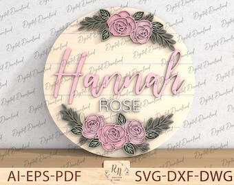 Custom Wood baby Name Sign, Rose Sign Laser Cut File, Layered Flower Laser Cut file svg, Glowforge Nursery Name Layered Floral File