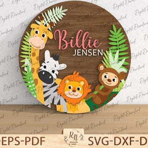 Löwe Giraffe Zebra Affe Baby Namensschild SVG, rundes Namensschild Dschungeltiere Laser geschnitten Datei, Safari Kids Raum Dekor svg, Glowforge Datei