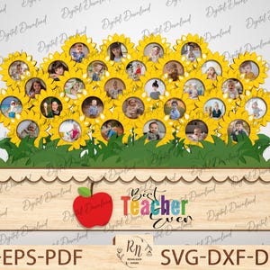 May include: A wooden cutout of a flower pot with a sunflower design. The pot has a sign that says "Best Teacher Ever" in colorful letters. There are 24 photo slots in the shape of sunflowers.
