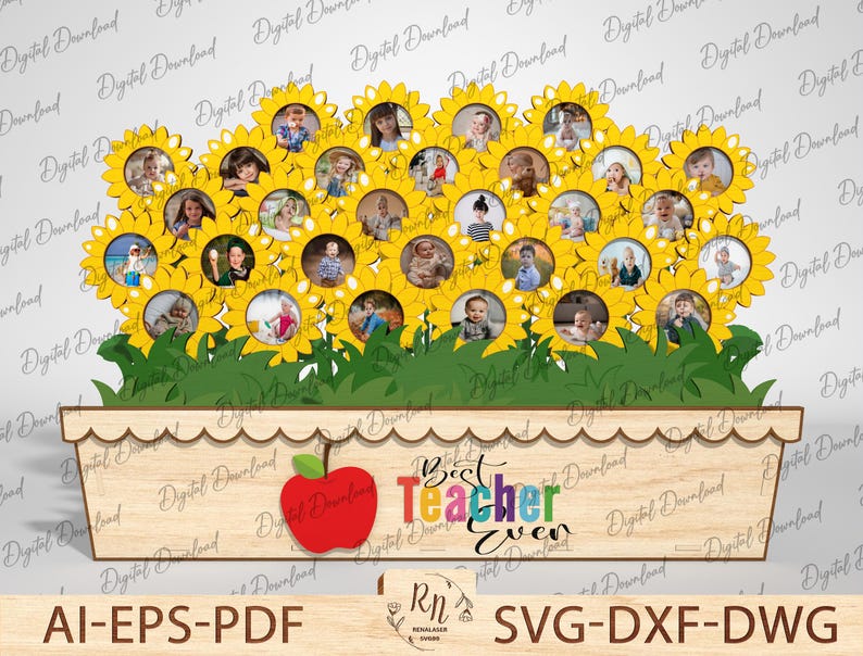 May include: A wooden cutout of a flower pot with a sunflower design. The pot has a sign that says "Best Teacher Ever" in colorful letters. There are 24 photo slots in the shape of sunflowers.