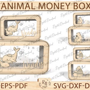 Personalised Animal Kids Piggy Bank Svg, Wood Gift For Kids, Wooden DIY Piggy Bank Svg,