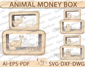 Alcancía infantil personalizada con forma de animal en formato SVG, regalo de madera para niños, alcancía de madera DIY en formato SVG.
