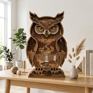 May include: A multi-layered wooden owl sculpture featuring a detailed forest landscape cutout. The interior scene depicts a winding river, a waterfall, deer, and trees in various shades of brown. The owl has large, expressive eyes and textured feathers.