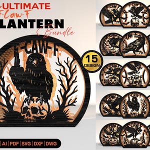 Crow Lantern Bundle SVG, Layered Raven Shadow Box Laser Cut File, Gothic Halloween Decor Template for Glowforge Cricut File svg