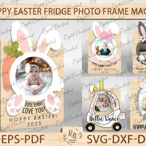 Baby fotolijst lasergesneden bestanden, koelkast fotolijst magneet Paasdag Svg, cadeau voor kinderen Lasercure bestand Svg, Bunny Egg Frame Svg