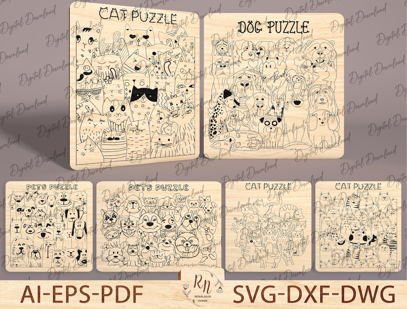 May include: Six black and white illustrations of cat and dog puzzles. Each illustration is on a wood-grain background with the words "Cat Puzzle", "Dog Puzzle", and "Pets Puzzle" at the top.