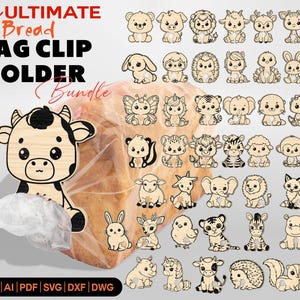 May include: A collection of bread bag clip holders featuring animal designs. The text "The ULTIMATE Bread BAG CLIP HOLDER Bundle" is displayed. The clip holders are made of wood and are in the shape of animals, ideal for keeping bread fresh.